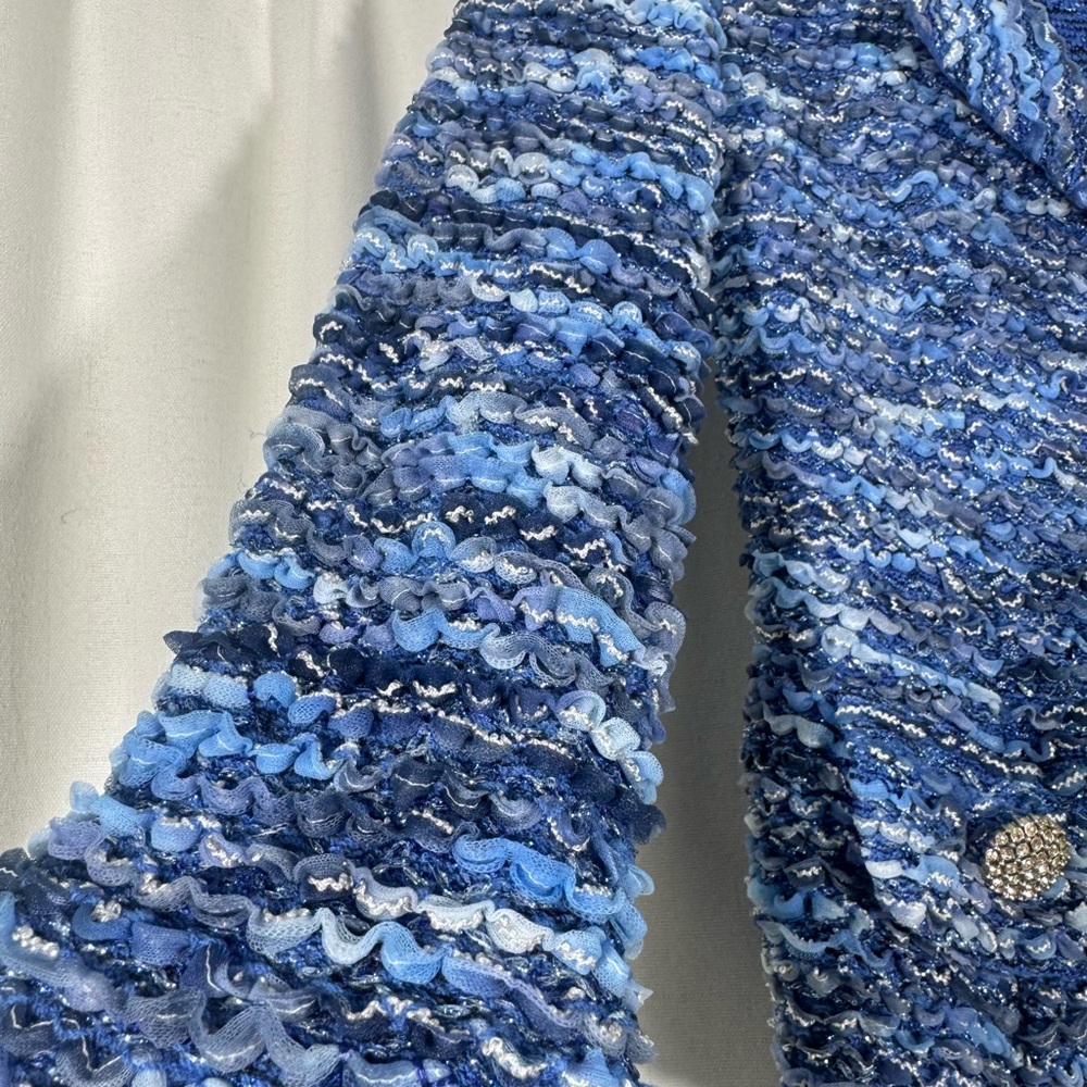 St. John Blue Bouclé Knit Blazer with Rhinestone Buttons - Picture 5 of 9